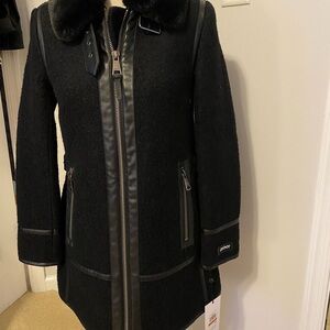 DKNY Black Coat with Faux Fur Trim